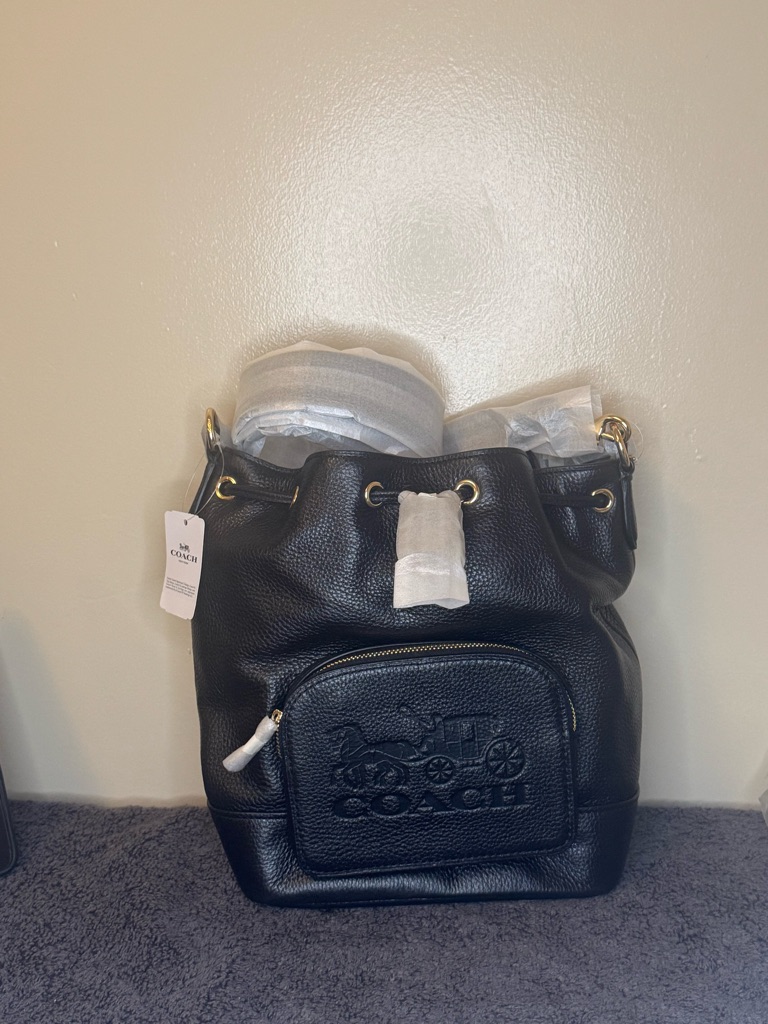 Coach Jes Leather Black Drawstring Bucket Bag